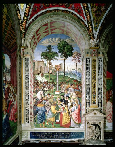 Aeneas Sylvius Piccolomini (1405-64) præsenterer Eleonora af Aragon til Frederik III (1415-93) den 24. februar 1452 (fresco) af Bernardino di Betto Pinturicchio