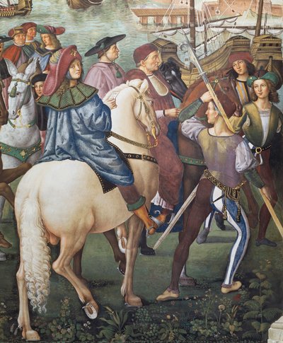 Enea Silvio Piccolomini på vej til Basel som sekretær for biskoppen af Ferrara, detalje fra Pius II