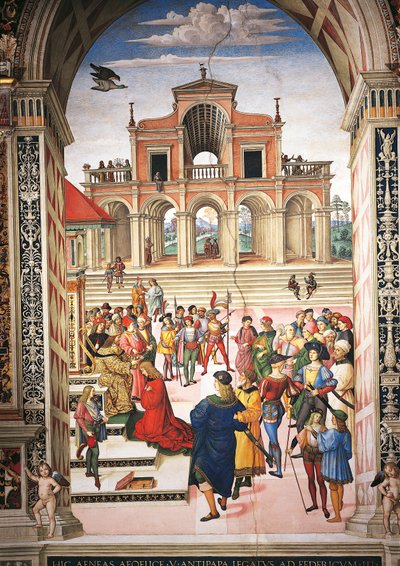 Italien, Siena, Katedralen, Piccolomini-biblioteket, Enea Silvio Piccolomini bliver gjort til digterpristager af kejser Frederik III, detaljer fra Historier om Pius II af Bernardino di Betto Pinturicchio