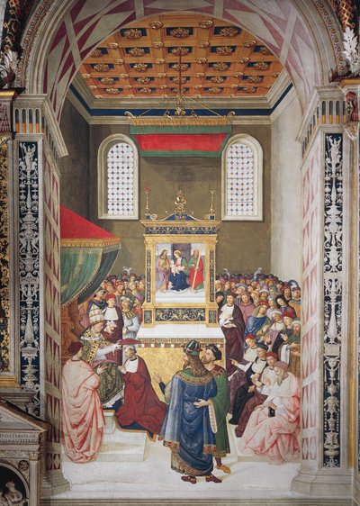 Italien, Siena, Katedral, Piccolomini Bibliotek, Enea Silvio Piccolomini modtager kardinalhat fra Calixtus III, detaljer fra Historier om Pius II af Bernardino di Betto Pinturicchio