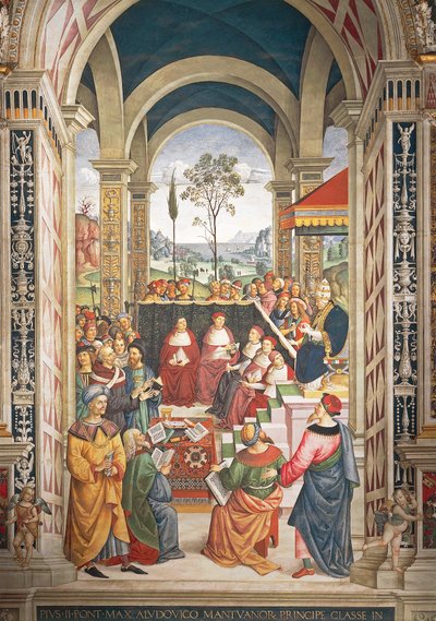 Italien, Siena, katedralen, Piccolomini-biblioteket, Pius II indkaldt i Mantova til diæt organiseret for at planlægge korstog mod tyrkere, detalje i Historier om Pius II af Bernardino di Betto Pinturicchio