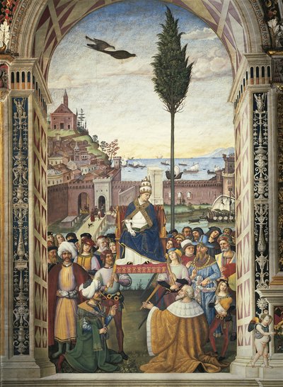 Italien, Siena, Katedralen, Piccolomini-biblioteket, Historier om Pius II: Pius II ankommer til Ancona for at fremskynde korstog af Bernardino di Betto Pinturicchio