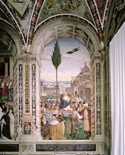 Pave Pius II (1405-64), i Ancona, velsigner flåden, der er ved at rejse til det hellige land den 15. august 1464 af Bernardino di Betto Pinturicchio
