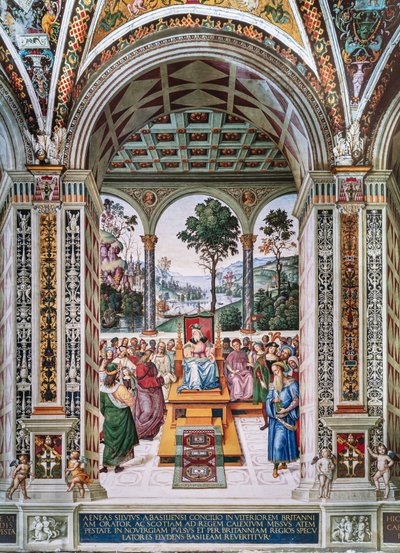 Piccolomini-biblioteket, den nordøstlige mur: "Aeneas Sylvius holder en tale for kong James I af Skotland, vinteren 1435" af Bernardino di Betto Pinturicchio
