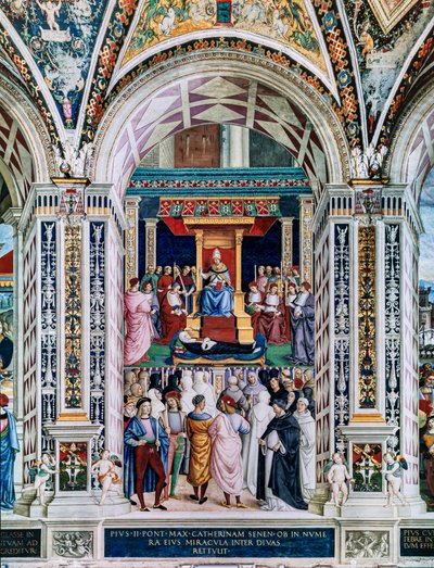 Piccolomini-biblioteket, sydvestvæggen: “ Pius II kanoniserer St. Catherine of Siena, 29. juni af Bernardino di Betto Pinturicchio