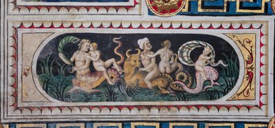 Piccolomini-biblioteket, loftet: mindre panel med scene af maritim thiasus (tritoner, putto og en nereid), fresko af Bernardino di Betto, kendt som Pinturicchio. af Bernardino di Betto Pinturicchio