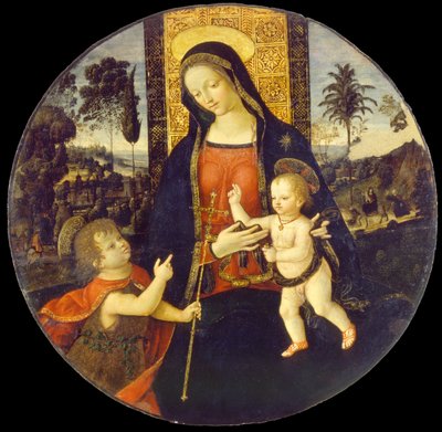 Jomfruen og barnet med spædbarnet Johannes Døberen af Bernardino di Betto called Il Pinturicchio and workshop