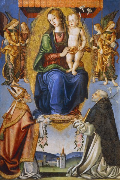 Madonna og barn med St. Severino og Dominic (tempera på lærred) af Bernardino di Mariotto