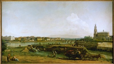 Dresden, Tyskland, set fra Elbens venstre bred, under fæstningsanlægget (olie på lærred) af Bernardo Bellotto