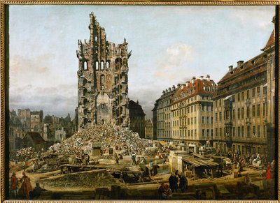 Ruinerne af den gamle Kreuzkirche i Dresden (olie på lærred) af Bernardo Bellotto