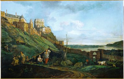 Ruinerne af Theben an der March, Østrig (olie på lærred) af Bernardo Bellotto