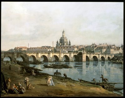 Udsigt over Dresden fra højre side af floden Elben, nedenfor Augustusbrücke ... (maleri på lærred) af Bernardo Bellotto