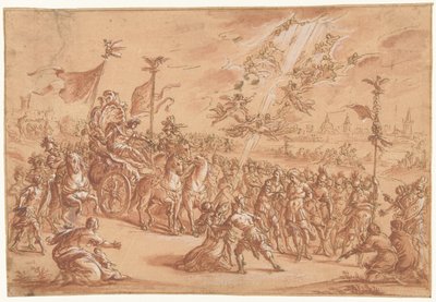 En hellig biskop knæler ved siden af ​​en romersk imperators procession af Bernardo Castello (attributed to)