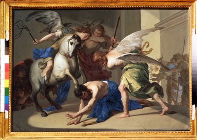 ""Uddrivelsen af ​​Heliodorus fra templet"" (Uddrivelsen af ​​Heliodorus fra templet) Heliodorus (Heliodoros) bliver fordrevet fra templet, fordi han efter ordre fra sin suveræn har forsøgt at erobre skattene i Jerusalems tempel. Maleri af Bernardo Cavalli af Bernardo Cavallino