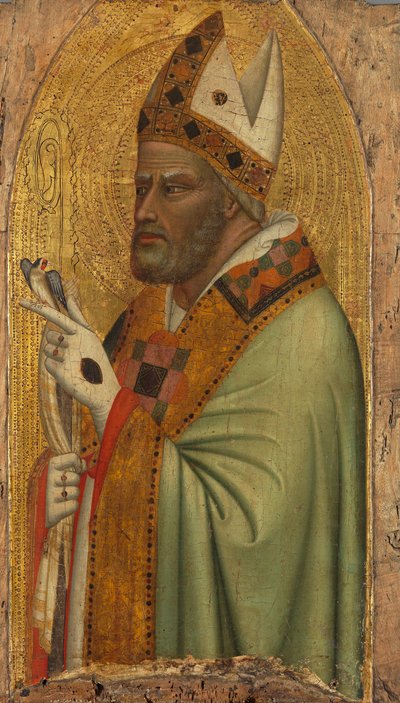 Heiliger Bischof mit einem Stieglitz af Bernardo Daddi