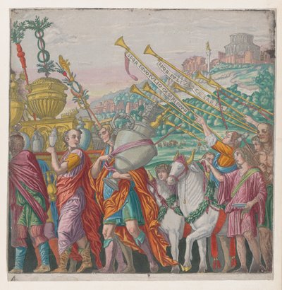 Ark 4: Mænd, der bærer trofæer til venstre, trompetister til højre, fra The Triumph of Julius Ca..., 1599. af Bernardo Malpizzi