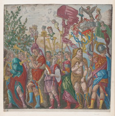 Ark 7: procession af musikere og andre, der holder standarder, fra The Triumph of Julius ..., 1599. af Bernardo Malpizzi