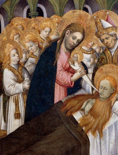 Maria Magdalenes død, detalje fra altertavlen af St. Maria Magdalena (1437-1452), af Bernat Martorell (ca. 1400-1452), malet på træ. catalansk gotisk kunst. af Bernardo Martorell
