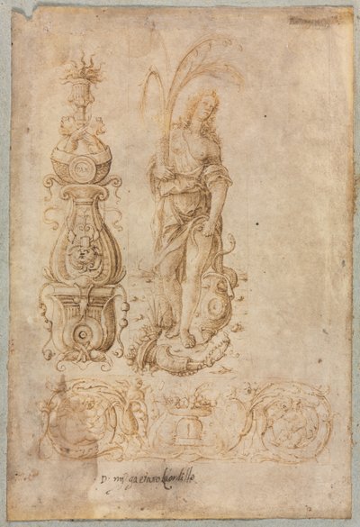 Design til en kandelaber, allegorisk figur af overflod, dekorativt reliefdesign af Bernardo Parentino