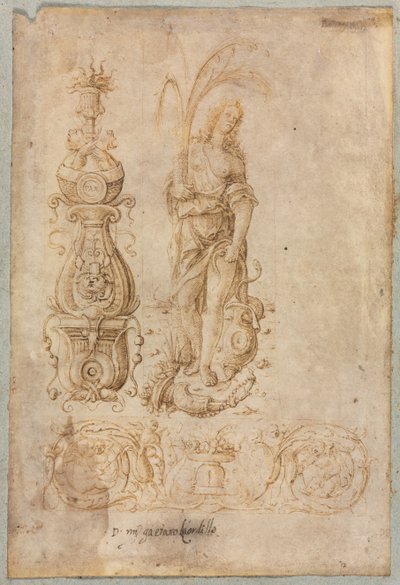 Design til en kandelaber, allegorisk figur af overflod, dekorativt reliefdesign, ca. 1490