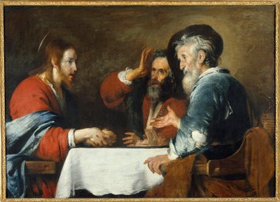 Kristus har Emmaus Kristus viser sig for pilgrimmene, der sidder ved et bord i en kro i Emmaus. Maleri af Bernardo Strozzi (1581-1644) 1640 søn. 1,24x1,72 m Grenoble, Musee des Beaux Arts af Bernardo Strozzi