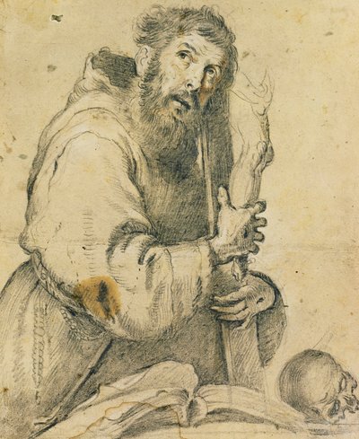 Sankt Frans holder et krucifiks i armene; Saint Francis holder et kors i armene, af Bernardo Strozzi
