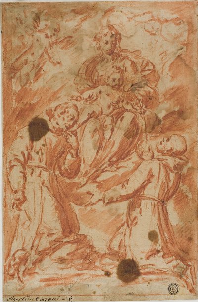 Jomfru og barn i herlighed tilbedt af to munkehellige af Bernardo Strozzi