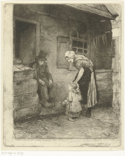 Kvinde med lille barn står med siddende gammel mand foran arbejderens hus af Bernardus Johannes Blommers