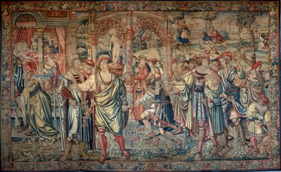 Ødipus cyklus: Laios konsulterer oraklet i Delphi - I midten, med sin suite, knæler han ved indgangen til templet - Til venstre, på en himmelseng, er Jocaste omgivet af damerne i hans hof, som lærer ham forsvinden af hans nye ne - af Bernart van (attr. to) Orley