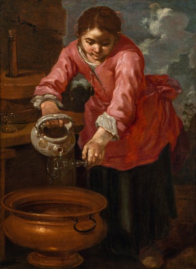 Italiensk:  Lavaggio di un vetro di vino En ung kvinde vasker et glas ("Allegori om vand") af Bernhard Keil