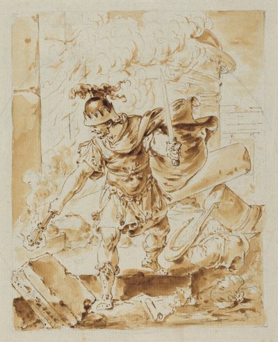 Alexander Setting Fire to Persepolis (pen og brunt blæk med brun lavering over grafit på lagt papir) af Bernhard Rode