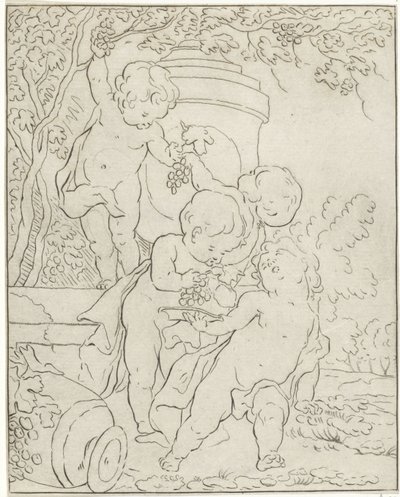 Fire putti, der plukker druer ved en vase af Bernhard Schreuder