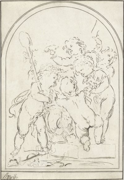 Fem putti ved en vase med vinstokke af Bernhard Schreuder