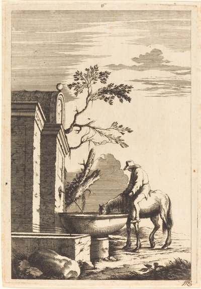 Hest og rytter ved et springvand af Bernhard Zaech after Jonas Umbach