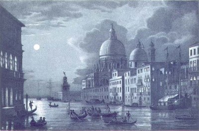 Natscene af Canal Grande og Santa Maria della Salute, Venedig, indgraveret af Brizeghel (litho) af Berselli (after)