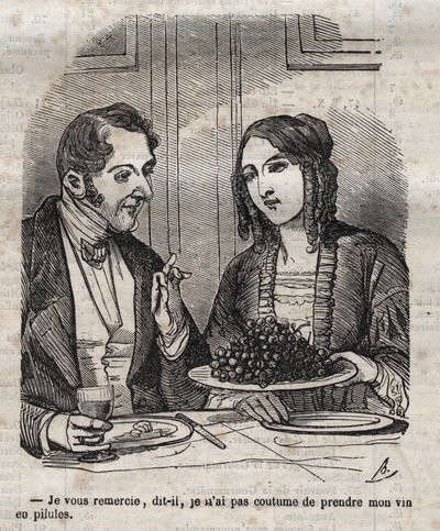 Tak, jeg er ikke vant til at tage min vin i piller (drue) - indgravering i "La Physiologie du gout"" af Jean Anthelme Brillat Savarin (Brillat-Savarin) af Bertall