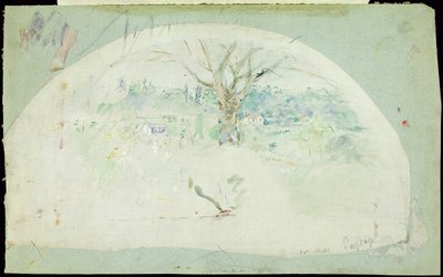 Vifte forestillende Bougival, 1884 (olie, blyant og wc på silke) af Berthe Morisot