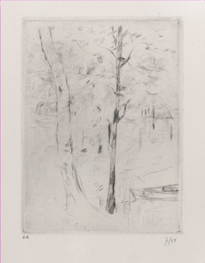Landskabstræstammer nær en flod, 1888. af Berthe Morisot