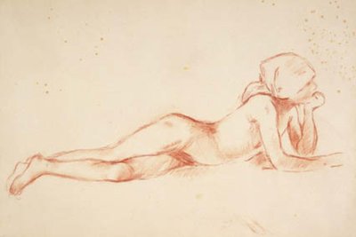Liggende, nøgen ung pige med tørklæde om hovedet af Berthe Morisot