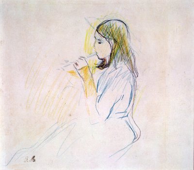 Manets datter spiller blokfløjten (farvet blyant på papir) af Berthe Morisot