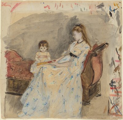 Kunstnerens søster, Edma, med datteren Jeanne, 1872 (wc over grafit på bindet papir) af Berthe Morisot