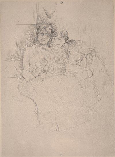 Tegneundervisningen - Berthe Morisot tegner med sin datter, ca. 1889-90 (tørpunkt) af Berthe Morisot