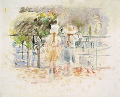 To små piger ved en balustrade ved søen i Jardin des Tuileries, Paris af Berthe Morisot