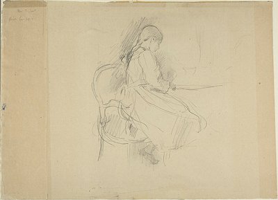 Ung pige sidder ved et bord af Berthe Morisot