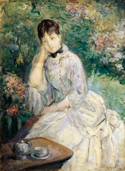 Ung kvinde sidder på en sofa (olie på lærred) af Berthe Morisot