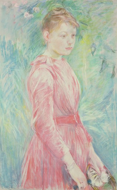 Ung pige i lyserød kjole (pastel på papir) af Berthe Morisot