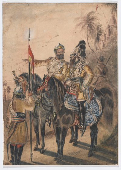 To beredne officerer og en afmonteret sowar, 4th Bengal Irregular Cavalry, ca. 1850 (akvarel) af Bethune Donald Grant
