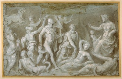 Mars og Rhea Silvia (pensel og brunt blæk forstærket med hvid kropsfarve på carta azzurra) af Biagio Pupini