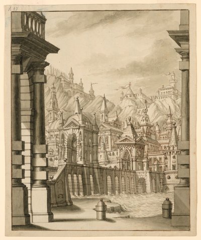 Scenedesign, by på bakke med bygninger med tårne af Bibiena Family, 1657
