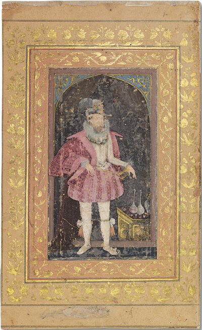 Et sjældent Mughal-portræt af James I, ca. 1615-18 (ugennemsigtige pigmenter forstærket med guld på papir) af Bichitr Bichitr